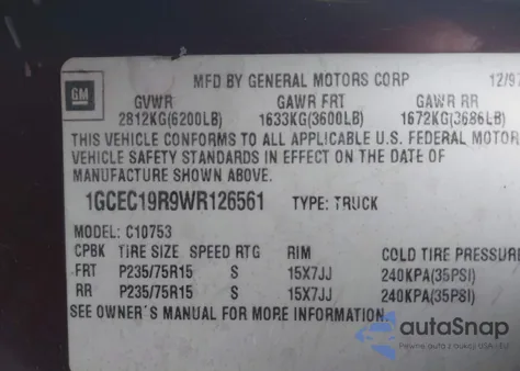 1998 Chevrolet C1500 Fleetside из США, поврежденный, VIN 1GCEC19R9WR126561